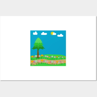 A meadow of flowers with a pine tree and sky and clouds Posters and Art